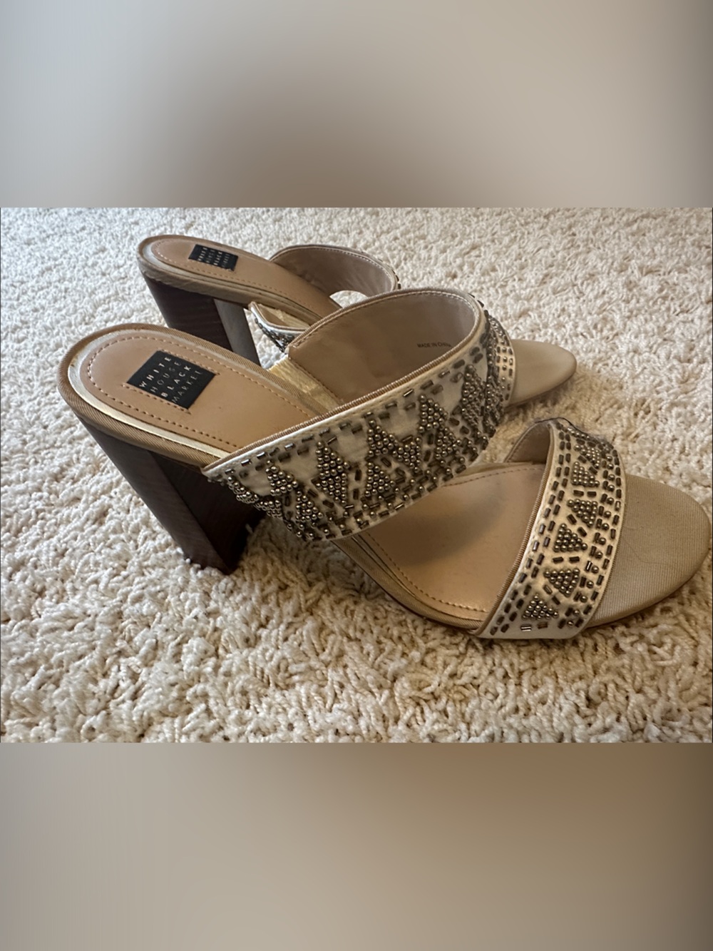 White House Black Market Gold Beaded Block Heel Sandals